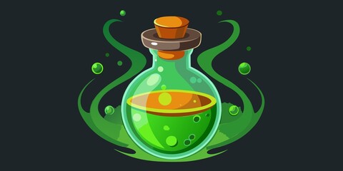Magical green potion in a glass bottle with cork and swirling green mist