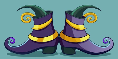Whimsical purple witch boots with gold accents and green pointed tops