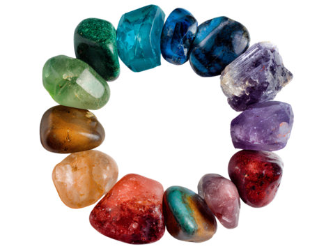  A colorful of chakra stones arranged in the shape of a circle, on a transparent background