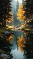 Fototapeta premium Beautiful autumn landscape featuring a serene river reflecting vibrant orange trees in a peaceful forest setting