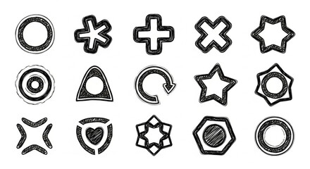 Collection of hand-drawn, stylized geometric shapes and symbols on a white background.