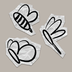 Hand-Drawn illustrations of bee, butterfly, and dragonfly for Scrapbook on grid paper. 