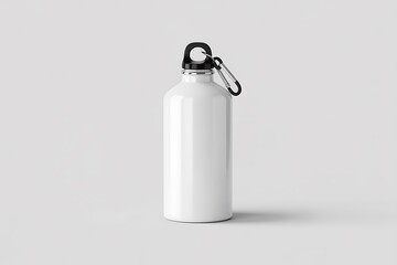 Blank White Aluminum Water Bottle with Carabiner, Minimalist Studio Shot, Hydration Product Mockup