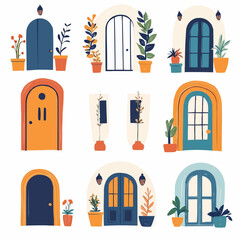 Naive cartoon clipart with colorful Mediterranean doors, windows and flowers, perfect for travel-themed decor, digital paper and packaging