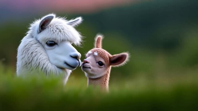 A baby alpaca and its mother in a field of grass