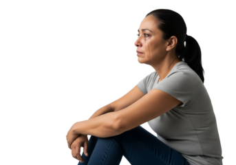 Woman sitting with arms crossed and tears streaming down her face on transparent background