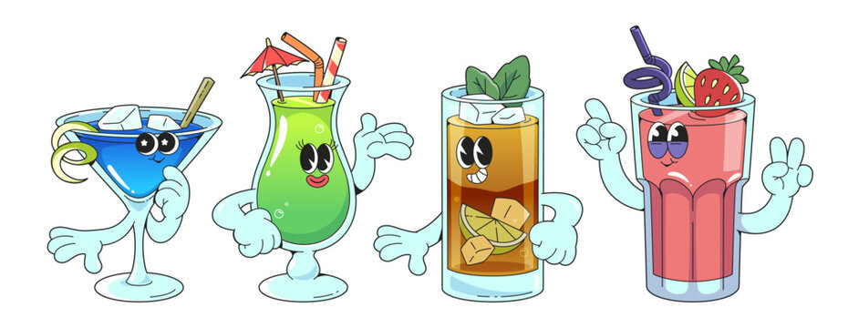 Groovy cocktail characters with arms and cartoon faces - blue martini, green tropical drink with umbrella, beverage with ice and mint glass, pink strawberry smoothie for retro bar menus branding.