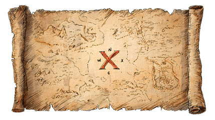 Antique treasure map, isolated on transparent background