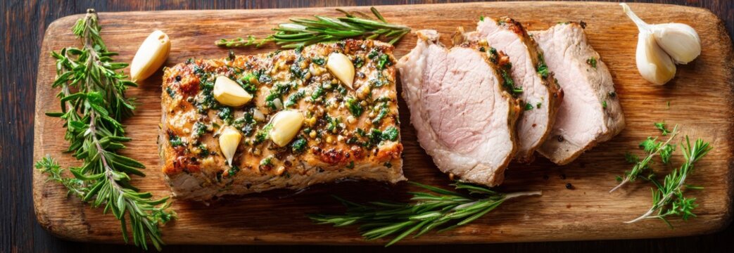 classic pork roast, juicy meat with visible garlic slices and herbs, golden crust, served on rustic wooden board, warm kitchen lighting, overhead shot  - Powered by Adobe