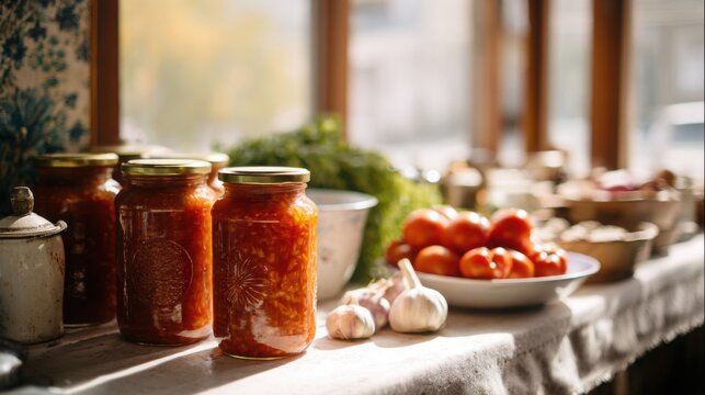 glass jars filled with preserved lecho, standing on a kitchen counter, surrounded by fresh peppers, tomatoes, and garlic, homely atmosphere, sunlight through a window