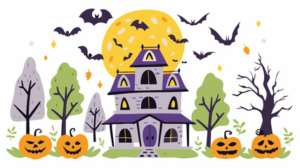 Spooky Halloween pumpkin house at night with bats, a moon, and an orange and black autumn celebration design