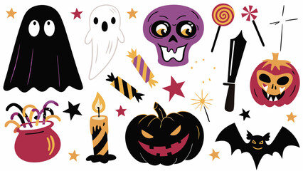A spooky Halloween vector set featuring cartoon pumpkins, bats, ghosts, and witch icons perfect for autumn holiday designs