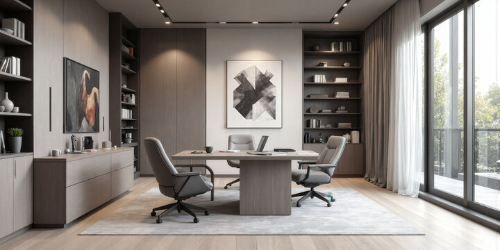 Tech-enabled home office in lavender gray, with smart desks that adjust to ergonomics and provide real-time performance feedback, and interactive
