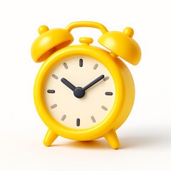 A yellow alarm clock isolated on white background shows the time