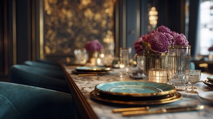 20. Soft-focus image of a table set for dinner under fairy lights, warm and intimate vibe