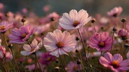 Close-up landscape image capturing a field of pink and white cosmos flowers in full bloom under golden sunlight.