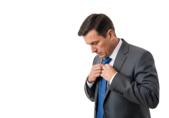 Man in suit adjusting his tie with a serious expression shown here on transparent background
