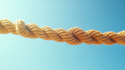 Thick, twisted rope stretches across clear blue sky, showcasing its sturdy texture and vibrant color. simplicity and strength of rope are highlighted against serene backdrop