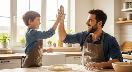 A father and son covered in flour, smiling and giving each other a high-five in a bright kitchen after successfully making pizza dough.
