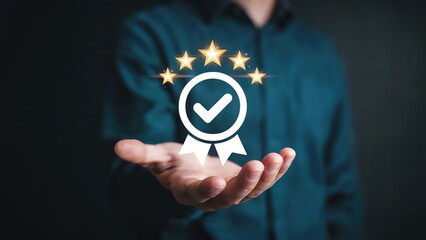Human hand displaying a quality guarantee seal with five stars, symbolizing top service, satisfaction, trust, excellence and customer experience within a business context.