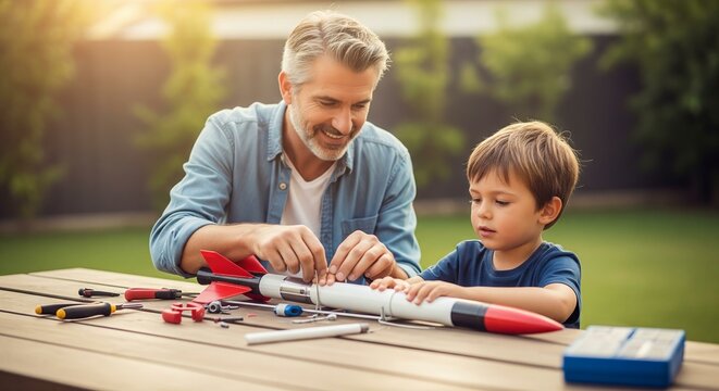 A father and son concentrating and smiling while building a model rocket together at a table in their backyard.