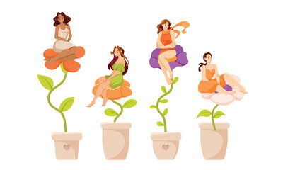 Charming and whimsical illustrations of women alongside beautiful floral designs in pots