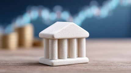 A bank model on the table with stock market background, symbolizing the use of monetary policy, financial regulation.