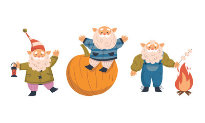 Fototapeta premium Gnomes Delightfully Celebrating the Beautiful Season of Autumn with a Pumpkin and a Cozy Campfire