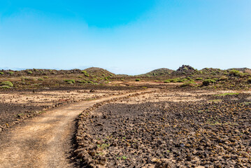 Hiking trail through volcanic landscape, Island Isla de Lobos, Canary Islands, Spain, Europe.
