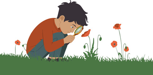Curious child explores nature with magnifying glass, discovering vibrant poppies in lush green grass