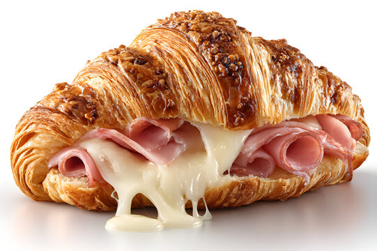 croissant filled with ham and cheese, sliced open on a plain white background.