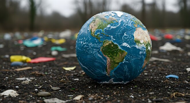 Globe on ground surrounded by plastic waste. Environmental pollution concept for Earth Day or recycling advocacy. Global climate change and ecological problem.
