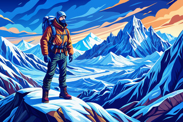 Panoramic view of mountaineer standing on snowy mountain peak, alpine landscape vector, adventure scene, success concept, winter nature, climbing, outdoor exploration, breathtaking summit view