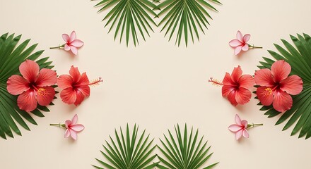 Pink Hibiscus Flowers and Green Palm Leaves Arrangement on Light Background