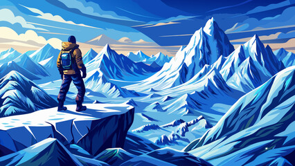 Panoramic view of mountaineer standing on snowy mountain peak, alpine landscape vector, adventure scene, success concept, winter nature, climbing, outdoor exploration, breathtaking summit view