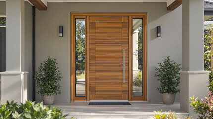 Modern entryway with a light brown wood door.