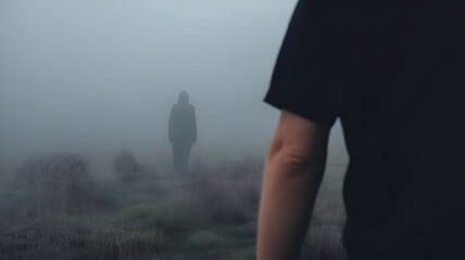 Mysterious Silhouette Figure Walking Through Dense Fog in Moody Atmospheric Landscape