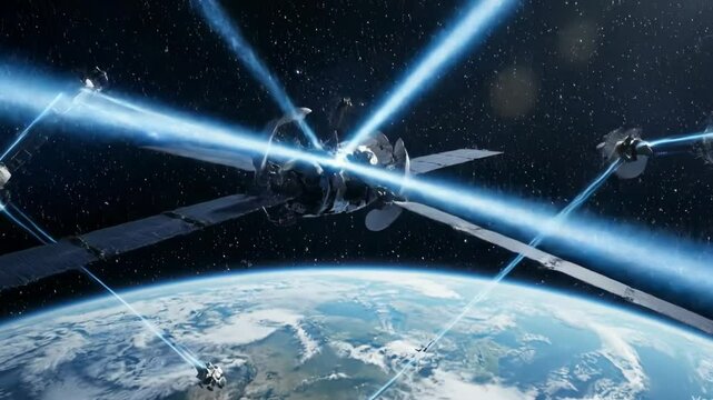 Satellites communicate with Earth and other satellites using blue lasers in space Earth is visible below