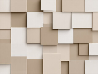 Obraz premium Abstract beige and off-white square panels arranged in a staggered, modern geometric pattern on a wall.
