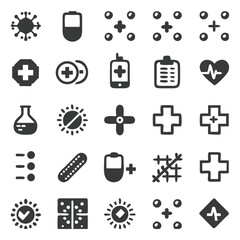 Collection of black and white medical icons illustrating healthcare and health related symbols