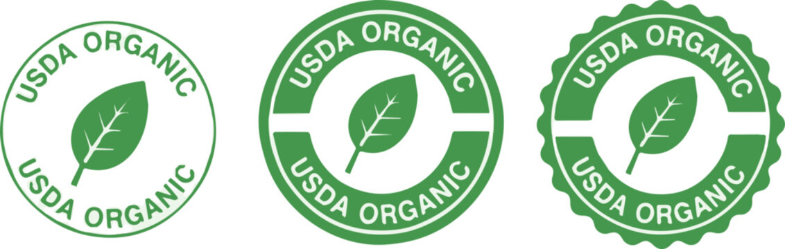 Three green USDA ORGANIC certified labels on white background