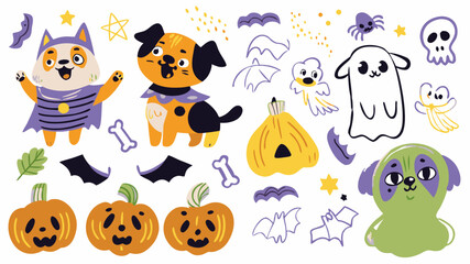 A set of cute cartoon Halloween animal icons with pumpkins, ghosts, and bats