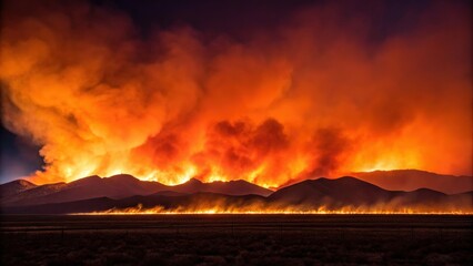 Fototapeta premium Raging wildfire illuminating the night sky with intense orange flames and smoke over mountains.