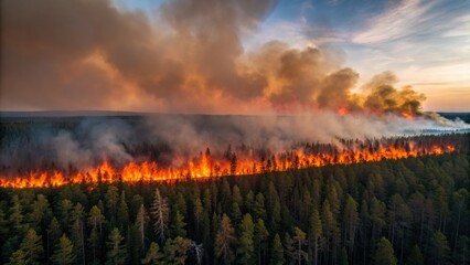 Obraz premium Forest engulfed in flames with smoke rising into the sky during a wildfire event.