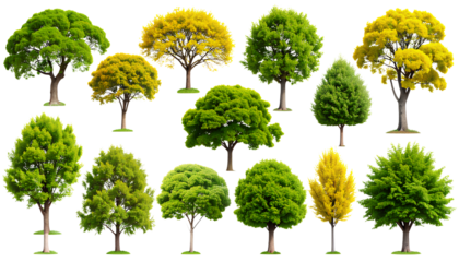 13 Decorative Trees with Green Foliage and Yellow Flowers Transparent Background PNG