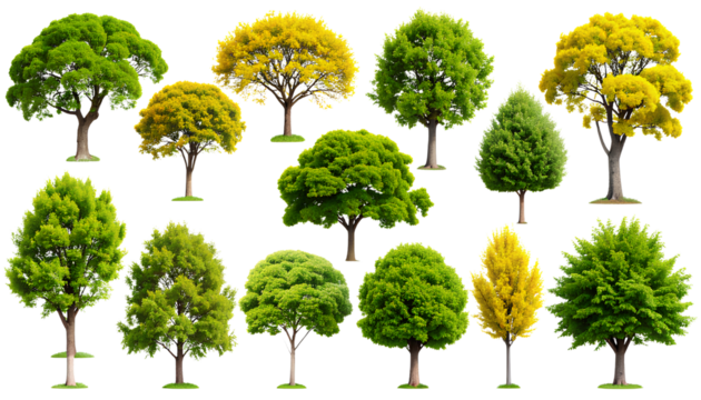 13 Decorative Trees with Green Foliage and Yellow Flowers Transparent Background PNG