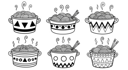 Collection of Decorative Noodle Pots with Geometric Patterns