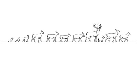 Continuous Line Drawing of Deer Family and Birds