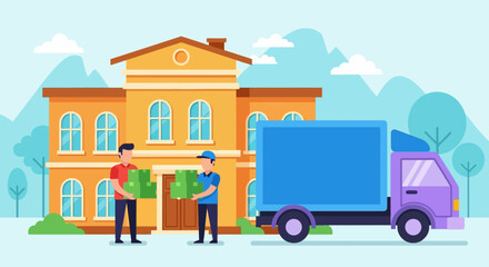 Naklejka premium Delivery Truck with Blue Cargo Container and Purple Cab, Flat Vector Illustration