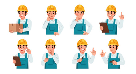 Nine Diverse Poses of a Worker in Teal Coveralls and a Yellow Hard Hat
